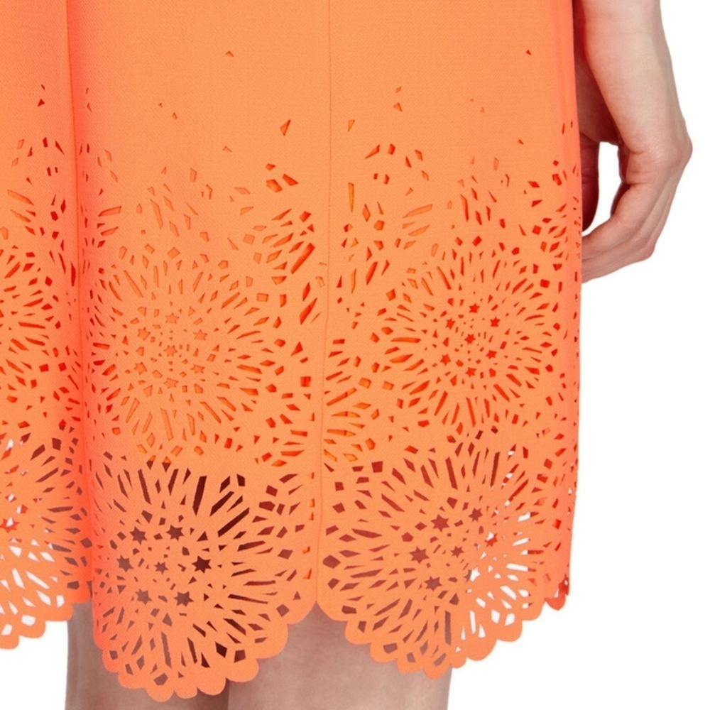 KAREN MILLEN | Shift Cocktail Orange Mini Dress Sleeveless Laser Cut | Size 6 - Picture 2 of 9